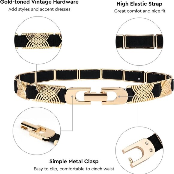 Women Dress Belt Elastic Waist Band Gold Buckle Stretch Polyester Formal Casual - Picture 6 of 6
